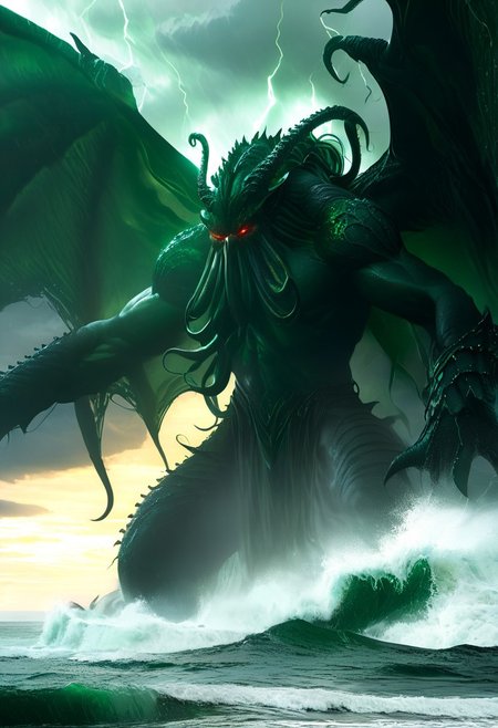 A great, giant, imposing creature, terrifying towering god, cthulhu, dark green skin with shades , glowing amber eyes, great wings on his back on a rock, thunder in background, lightning, glowing eyes, flames in the background, cloudy sky, stormy sea, giant waves, great storm,  moody light, by H.R Giger, 4k resolution digital art trending on Artstation and unreal engine 5, hyperrealism, full body shot, glowing eyes, cinematic, epic, masterpiece, surreal, fantasycore, hyperdetailed, ultra realistic, octane render, volumetric lighting, depth of field, bokeh, 8 <lora:Details:0.85>