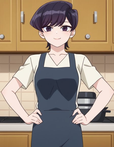 score_9, score_8_up, score_7_up, source_anime,
shuukokomi, <lora:shuuko-komi-s1s2-ponyxl-lora-nochekaiser:1>,
shuuko komi, short hair, black hair, black eyes,
shirt, white shirt, short sleeves, pants, apron, denim, jeans, blue apron,
indoors, kitchen, hands on hips, smile,
looking at viewer, cowboy shot, dutch angle, solo,