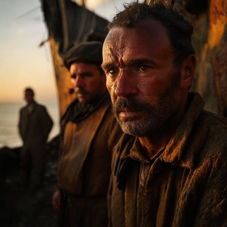 (color photography by Dorothea Lange art style:1.2), FRESHIDEAS Real Photography 2#, chiaroscuro,  low-key, great lighting, Weathered 17th-century retired sailor’s face, reminiscent of Rembrandt’s subjects, with a rugged, leathery complexion, deep-set eyes, and a strong, angular jawline, etched with hints of a thousand tales and the weight of memories. His face displays the lines of age, set against a backdrop of muted, earthy tones. Dramatic shadows cast an air of nostalgia, while the warm, golden hues of the fading dusk light spill across his face, resembling the soft, diffused glow of a setting sun. In the distance, a faint view of his old whaling ship with sails unfurled, other sailors busy at work, hauling in the day’s catch. The horizon glows warmly as the sun sets, casting an evocative, golden hue over the scene. His eyes gaze into the distance, recalling the adventures of a bygone era