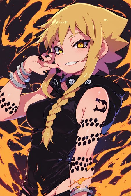 score_9, score_8_up, score_8, medium breasts, (curvy), cute, eyelashes,       BREAK, , zzMedusa, blonde hair, long hair, braid, yellow eyes, tattoo,  hood, jewelry, bracelet, sleeveless, nail polish, hoodie, braid, black nails,  <lora:Medusa_SoulEater_PDXL_v2:1.0>, BREAK, smile, looking at viewer, cowboy shot, ,,, embedding:zPDXL, Expressiveh, ,,, <lora:Zankuro_Style_PDXL:0.8> <lora:SDXLFaeTastic2400:0.5>, <lora:Expressive_H-000001:0.4>,