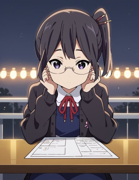 score_9, score_8_up, score_7_up, source_anime, <lora:shiori-asagiri-s1-ponyxl-lora-nochekaiser:1>, shiori asagiri, short hair, black hair, hair ornament, glasses, purple eyes, side ponytail, hair stick,, school uniform, open clothes, cardigan, open cardigan, ribbon, red ribbon, dress, blue dress, black cardigan,, runway, planes, lights, takeoff, landing, , sitting, elbow rest, table,, looking at viewer, solo,, dutch angle, cowboy shot