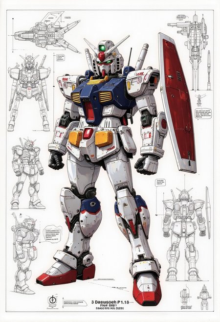 This image provides an exceptional level of technical detail and a view of the highly detailed, high quality, expertly drawn design of the Mobile Suit Gundam MK II (white mecha),shield,ben's weapon,(worst quality, low quality: 1 ,4), bokeh, low resolution. , text, signature, sketch, watermark, artist name, speech bubble, blur The central focus is the aggressive and dynamic exterior of the mecha with its bold color scheme, intricate aerodynamic bodywork and prominent gundam decoration. Surrounding Gundam are detailed engineering drawings, schematics and dimensional diagrams that reveal the sophisticated design and engineering principles underlying the construction of the vehicle. Accurate technical renderings show the complex suspension geometry, intricate
 <lora:Dieselcore:0.7><lora:Glitchcore_Flux:0.4>