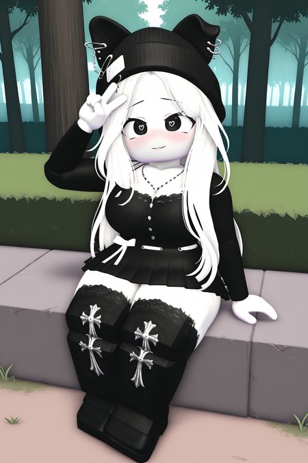 masterpiece,best quality,amazing quality, BREAK, TheBrayanVTOCILXL, white skin, colored skin, black eyes, heart-shaped pupils, white hair, long hair, parted bangs, black beanie, animal ears, black ears, ears through headwear, ear piercing, large breasts, necklace, black shirts, long sleeves, white ribbon, black skirt, black thighhighs, black shoes, solo, sitting, above view, peace sign, seductive smile, looking at viewer, naughty face, nose blush, forest, tree  <lora:TheBrayanVTOCILXL:1>