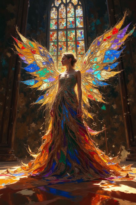 DB4RZ,<lora:FLUX-daubrez-DB4RZ-v2:1>,A lone woman stands in a hallowed cathedral, her presence imbued with an ethereal radiance. She is adorned in a resplendent gown, its fabric scintillating like a constellation of celestial bodies. The dress cascades around her, its form a symphony of celestial huesâsapphire, emerald, ruby, and topazâmimicking the grandeur of a stained-glass window. Most strikingly, her form is wreathed in majestic wings, each plume a riot of spectral colors, resembling shards of fractured rainbows, catching and refracting the incandescent glow emanating from the apse. The scene is to be rendered with painterly precision, emphasizing the interplay of light and shadow, capturing the numinous aura of the subject. The background, a shadowy expanse punctuated by the stained-glass window, should serve as a foil to the figure's luminescence. A low camera angle, focusing on the figure's ethereal beauty, will enhance the sense of awe and reverence.