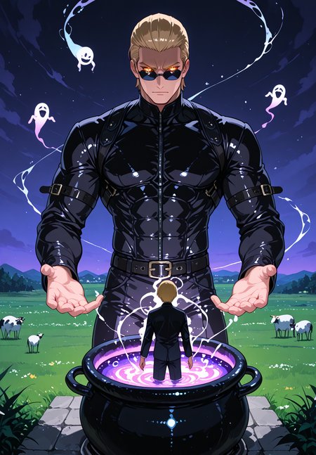 IllusP0s, source_anime, ah1, IllustriousQual, interesting, exciting, spectacular, wonderful, amazing quality, absolutely eye-catching, very awa,  
BREAK <lora:xl_more_art-full_v1:0.2>, <lora:aesthetic_anime_v1s:0.2>,<lora:detailxl:0.2>, detailxl, amazing quality, best aesthetic, absurdres, illustration, Volumetric_Lighting, ultra-detailed, very aesthetic, intricate details, best_quality, lazympos, <lora:Add_Details_v1.2:0.2>, <lora:quality_modifiers_masterpieces_v1:0.2>, <lora:ZootPonyAnime_V1_r2:0.2>, <lora:Bestifacator2:0.2>, anime style,
BREAK (((A man chanted a series of guttural syllables, and the surrounding air crackled with a violet energy, A swirling vortex of purple light coalesced into a ghostly, humanoid form, towering over him with hollow, glowing eyes, The spectral creature emitted a series of guttural moans before dissolving into the violet energy and disappearing, A black, leather-bound grimoire lay open on a nearby surface))), <lora:DynamicPoseIL2att_alpha1.0_rank4_noxattn_900steps:0.8>, dynamic pose,
BREAK Stable_Yogis_PDXL_Positives, AS-Adult, <lora:Complicated fantasy portrait - XL Pony V2.0:0.2>, <lora:HDA_Detailer:0.3>, AS-MidAged, (((goth fashion style, characterized by dark and dramatic clothing choices, often includes dark color  clothing, lace, leather, and Victorian-inspired elements, promotes a sense of mystery and theatricality, celebrates beauty in the macabre, encourages self-expression and embracing the unconventional))),
BREAK (((<lora:albertwesker-guy-PONYv1:0.8>, albertwesker, 1boy, toned, athletic, fit, mature male))), <lora:shinyskin2:0.2>, glistening skin, <lora:perfection style:0.2>, perfection style, perfection, 
BREAK (((dark witch, with a cauldron of bubbling dark potions))), ((sunglasses:1.3)), 
BREAK ((slicked back hair, (short hair:1.7), blonde)), <lora:hairdetailpxl:0.2>, hairdetailpxl, 
BREAK ((angular face, sharp_featured face, handsome, charming, alluring)), slit pupils, orange eyes, expressive eyes, perfecteyes, EyesHD, <lora:Eyes_Lora_Pony_Perfect_eyes:0.2>,
BREAK (((Shame))), <lora:Expressive_H:0.2>, Expressiveh, <lora:Emotional_Anime_Expressions_PonyXL_Concept:0.2>, emotional, <lora:Best_Facial_Expression_LoRA_PONY:0.2>, looking at viewer, <lora:Detailed expressive EXEV style -XL Pony V1.0:0.2>, FaceDetail,
BREAK (((green pastures with grazing cows))), <lora:Background Detailer - SDXL:0.2>, 4k, 8k, Ultra HD, Masterpiece, Best quality, Detailed background, foreshortening, extreme perspective, <lora:Add_more_details_V2_XLpony:0.2> full_details, <lora:background-type1:0.2>, <lora:AddMicroDetails_Illustrious_v3:0.2>, addmicrodetails, SmoothNoob_Quality,