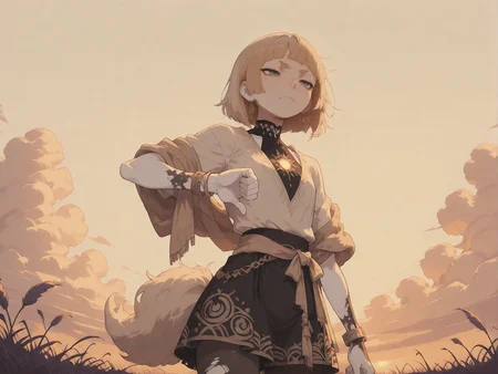 masterpiece,best quality,amazing quality,very aesthetic, absurdres, textured skin, no lineart, no outline, anime style, style of Arthur Rackham, illustration, sharp, 
anime coloring,  aidmaMJ6.1, HassaKu_illu,  LDSCH Style, S4bit4mago_illu, 
shadows, pitch black, glowing outline, Broad lighting, , twilight, summer, heat, hot, light brown theme,
1girl,   hime_cut, swept_bangs,  dark gray eyes,    thick eyebrows,     toned, pantyhose,   flat chest, hollow torso, bracelets,  (white skin:1.1),  short fluffy tail,  burned skin, (solo:1.6), 
complex print,  shawl,
dark Violet satin arabian V-neck shirt,  transparent ornate  
front view, wide view, from below,, thumbs down,   (character focus, close up:1.2), (solo:1.4), 
simple background, colored grass, twisted grass, sky, giant clouds,
<lora:StS-Illustrious-Detail-Slider-v1.0:2> <lora:add-detail-xl:2> <lora:LDSCH:0.8> <lora:ponyv3_ill01_2_adamW:0.8> <lora:anime_screencap:0.4> <lora:S4bit4mago:0.7> <lora:Granblue Fantasy XLV2:0.3> <lora:ppw_v7_Illuv1.0_1_r2:0.4> <lora:HassaKu_style:0.2> <lora:illustrious_quality_modifiers_masterpieces_v1:0.3> <lora:DetailedPerfect_hands_r1:1>