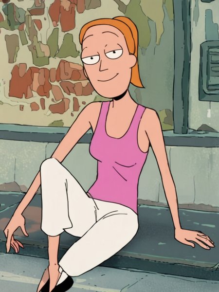 ,  looking at viewer, alien world,<lora:SummerPony1.0:1.0>,summer.smith, orange hair, 1girl, ponytail, solo, pink tank top, white pants, smile,sitting,  score_9, score_8_up, score_7_up, score_6_up