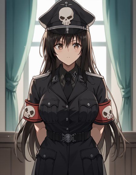 score_9, score_8_up, score_7_up, source_anime, <lora:yui-kotegawa-darkness-ponyxl-lora-nochekaiser:1>, yui kotegawa, black hair, brown eyes, long hair, large breasts, <lora:warden-ponyxl-lora-nochekaiser_r1:1>, skull hat ornament, uniform, military uniform, black uniform, hat, cap, black cap, armband, collared shirt, black necktie,, indoors, hands behind back,, cowboy shot,