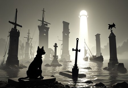(masterpiece), (score_9, score_8_up, score_7_up,source_anime), 4K8K,
cat, focus. punk, 
(scope view, far view), (silhouette cat, black and white cat, tuxedo cat, solo), (solo:1.3), (sitting), scenery, 
(leather culottes),  (backlighting, silhouette:1.3), 
outdoors, (Viking Ship, graveyard, A battered ship that ran aground), 
<lora:harada_miyuki_style:1>
<lora:backlighting-000001:1>