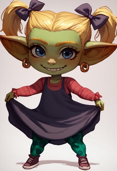 score_9, score_8, score_7, cute,smile, pose, full body, solo, 1girl. blonde hair, twintails, dress, hair bow, polka dot leggings, 
GobGirl, green skin, short, long ears, large ears, piercings, colored skin, monster_girl, pointy ears, goblin, shortstack, long pointy ears, earrings,