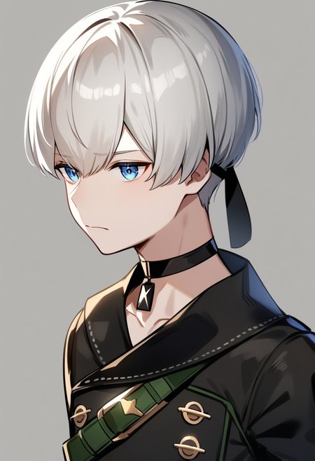 masterpiece,best quality,very aesthetic,absurdres,<lora:9s_a3:1>,9s_\(nier:automata\), simple_background, male_focus, upper_body, grey_background, commentary_request, solo, 1boy