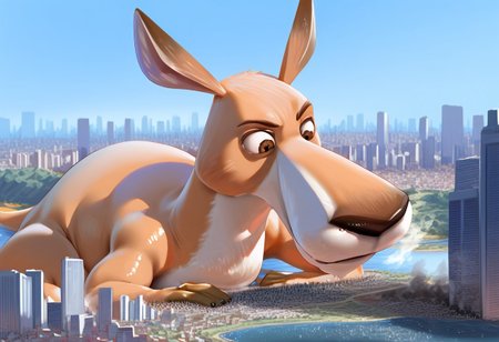Safe_pos, score_9, score_8_up, score_7_up, detailed face, best quality, 1boy, solo, masterpiece, detailed background, beautiful, detailed eyes, mature male, giantess, macro
side view, lien,
1boy, solo, animal, furry, male, kangaroo, beige fur, animal ears, long tail, big nose, black nose, big kangaroo feet, brown eyes, furry,boy fur,full body view, kangaroo tail, kneeling, laying on belly,(full body), bottom heavy,on all four, anthro kangaroo,
long river, skyline, cityscape, destroyed cityscape,  earthquake, steam, fog, craters