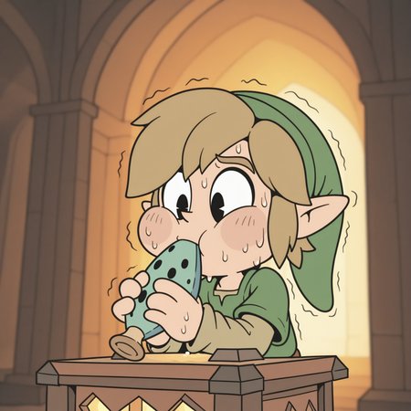 masterpiece, best quality, amazing quality, very aesthetic, absurdres, newest, RetroXL, toon \(style\), flat color, black eyes, solo, male, link, green tunic, green cap, holding (blue) ocarina to mouth, trembling, sweating, puffy cheeks, inside temple, torches, (blurry background), <lora:RetroToonXL_Style:1>