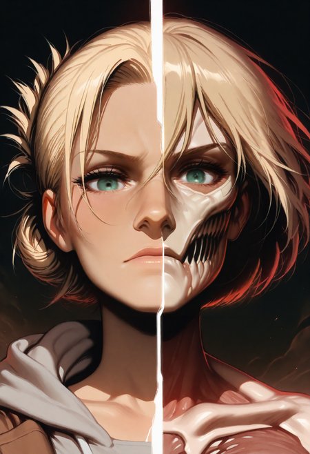 HDR, 8K, high contrast, masterpiece, best quality, amazing quality, very aesthetic, realistic, newest, volumetric lighting, (artist:incase:0.5), (artist:tsuaii:0.5), (flat colors:1.1), 1woman, 1girl, SplitScreen, split screen, upper body, Annie Leonhart(shingeki no kyojin), action shot, looking at the viewer,   <lora:ponyv4_noob1_2_adamW-000017:0.45> <lora:SplitScreen_illusXL_Incrs_v1:1>
HDR, 8K, high contrast, masterpiece, best quality, amazing quality, very aesthetic, realistic, newest, volumetric lighting, (artist:incase:0.5), (artist:tsuaii:0.5), (flat colors:1.1), 1woman, 1girl, SplitScreen, split screen, upper body, Annie Leonhart(shingeki no kyojin), titan, female titan, action shot, looking at the viewer,   <lora:ponyv4_noob1_2_adamW-000017:0.45> <lora:SplitScreen_illusXL_Incrs_v1:1>