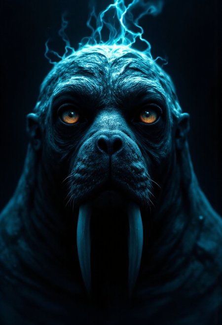 A electric fire walrus in a dramatic, chiaroscuro-style. One side of his face is dimly lit while the other half is obscured in deep dark shadow. His expression is dark and mysterious with mystifying eyes seeming to hold untold secrets.
