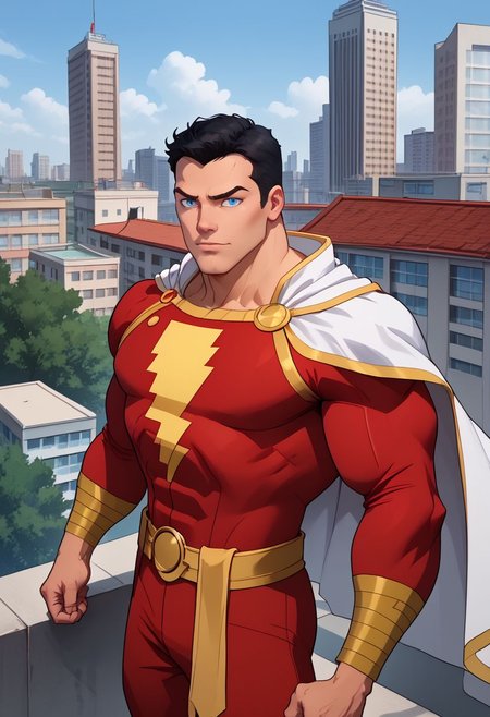 High Quality,  Shazam,  solo, 1man, flexing arms, black hair, blue eyes, red suite, white cape, red hero suite, muscle body, posing on the roof of a building,