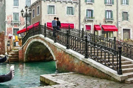 richardmacneil1 painting. A couple walks on an arched bridge with wrought-iron railings, spanning a narrow canal with gondolas moored along the edge. The buildings lining the canal have pastel-colored facades and arched windows, with red awnings on some. Cobblestone pathways line the canal, and several lampposts are visible. <lora:richardmacneil1_cap_d8a4e11:1.0><lora:853236552950662729:0>