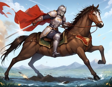 score_9,score_8_up,score_7_up,best quality,masterpiece,super detailed,extreme detailed,full_body,zPDXL BREAK (nature:1.1),(field:1.1),
<lora:Pony_DetailV2.0:1> BREAK 1girl,Cavalier,knight,armor,cape,gloves,helmet,horse,horseback riding,<lora:Cavalier:0.8>,holding sword,charging forward,fighting stance,