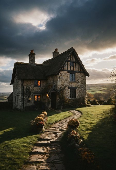 cinematic drama still, climax, shot on kodak portra 400, epiCPhoto, dramatic, beautiful clouds, a sensational (stone cottage with warmly lit windows, inviting medieval home, a dangerously alluring welcome) against an english vale in a fading autumn setting, mib approach the house, windy, a silver lining, fantastic realism, sensational realism, dramatic lighting interplay of glimmering light and dark shadows evokes a sense of warmth and mystery, zavy-rmlght, detailxl