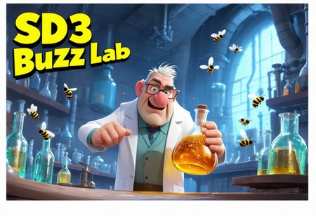 disney pixar 3d cartoon of a mad scientist in a futuristic laboratory holding a flask of honey as bees fly around him.  Above him is the yellow text "SD3 Buzz Lab"