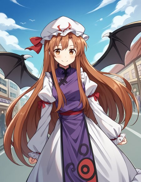 score_9, score_8_up, score_7_up, source_anime, asunayuuki, <lora:asuna-yuuki-s1-ponyxl-lora-nochekaiser:1>, asuna yuuki, long hair, brown hair, brown eyes,, <lora:yukari-yakumo-cosplay-ponyxl-lora-nochekaiser:1>, yukariyakumocosplay, yakumo yukari \(cosplay\), bat wings, hat, tabard, trigram, wings, yin yang, yin yang print, puffy sleeves, long sleeves, frilled sleeves, frills, frilleddress, dress, layered dress, white hat, red ribbon,, outdoors, street, smile, blush,, cowboy shot, dutch angle, solo,