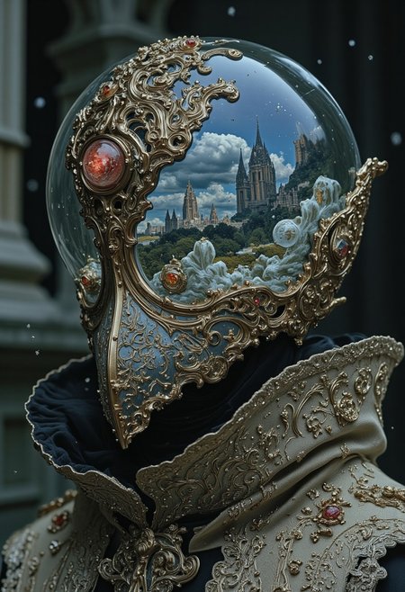 extrem headpiece closeup, Color graded in translucent Neon Pink, Blue, and Green hues, cinematic lighting, insane details, hyperrealistic extreme close-up macro photography, 64-megapixel DSLR.  A close-up of a person with a snow globe as their head. Inside the snow globe is a winter wonderland, but there's a dystopian twist to it. The snowy landscape is bleak, with dark, twisted trees and frosty, decaying structures. The snow falls softly, but there's a sense of isolation and despair. The glow from within the snow globe casts eerie, cold light on the person’s face, contrasting with the harsh, desolate world inside the globe. The person’s expression is serene but detached, as if they are trapped within this frozen, dystopian world.
A tall, enigmatic figure stands amidst the ruins of a forgotten temple, their head encased in a cracked, with a staff full of crystals, the crystals are round translucent black-red, translucent sphere filled with suspended golden liquid and glowing symbols. Their high collar cloak, a mix of coarse burlap and torn silk, sways slightly as if touched by an unseen wind. Light filters through broken arches, casting dramatic shadows across the moss-covered stone. Vintage
Ornate
Victorian
Edwardian
Intricate
Lace
Blue
Mask
Otherworldly
Headpiece
Opulent
Pearls
Celestial
Surreal
Baroque
Reflective
Dreamlike
Clouds
Mirror
Metallic
Waves
historical