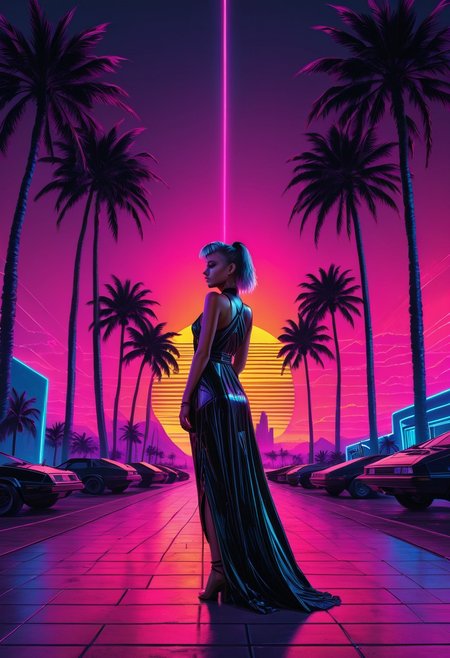 synthworld, synthwave, cyberpunk girl, long dress, neon lights, black palm trees, sunset