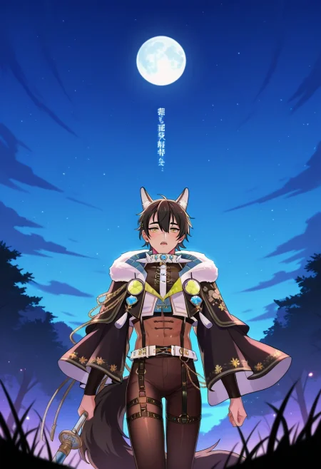 masterpiece, best quality, intricate details, , looking at viewer, , 1boy, solo, male focus, <lora:garu_nu_carnival_ilxl:0.92>, garu_nu_carnival, black hair, yellow eyes, short hair, animal ears, scar, hair between eyes, , wolf boy, wolf ears, tail, wide angle, wide shot, cowboy shot, prairie, night, full moon, holding weapon, speaking, talking,