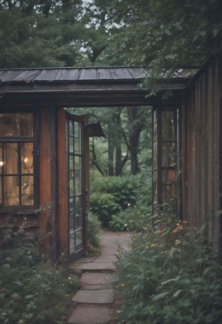 (masterpiece, 4k, medium format photo, bokeh, natural film grain) In the heart of the desolate metropolis, where towering structures of rusted steel and shattered glass stood as monuments to a forgotten era, a shipping container modernist house, beautiful interior nestled in the woods, The air was thick with life and awe, verdant nature, yet within the cottage, the hearth crackled with warmth, casting flickering shadows on the  walls. The garden, a riot of wildflowers and vines enchant viewers, swirly bokeh