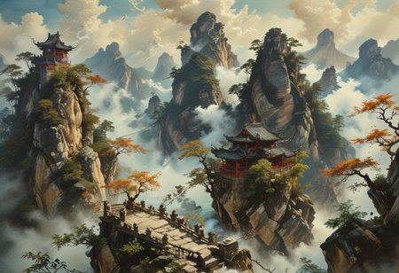 ultra fine detail, highly detailed and intricate details, cinematic, high definition, Tianzi Mountains, Chinese mountains, blue skies,  forest, river, birds flying, sun behind mountain, shadow cast, The mountains are tall, there are few trees on the mountain, there are stone stairs leading up the mountains, the mountains pierce the sky, the clouds are swirling around the frog shaped mountains, the clouds are breaking apart allowing light to pass through them, there is an old monk walking up the stair case, the old monk is smoking from a pipe, there are red wooden guard railings along the stair case up the mountain,  dragon fling between the mountains, advntr, (ink-style, ink_wash_painting),