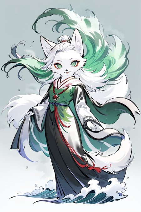 (((masterpiece))),(((best quality))),((ultra-detailed)), ani,no hunmans,
A white fox, draped in a verdant green silk cloak and adorned with a deep red agate necklace, gracefully floats above the emerald waves, its eyes shimmering with the light of wisdom. Its snow-white fur is adorned with red roses, as if ablaze with jade-like green flames. The gentle breeze brushes against its fur, delicately lifting its cloak as if dancing to its prayers. Its presence is like a magical hymn, bestowing wisdom and enlightenment upon all beings around.,
white background, full body,Role concept design, <lora:InkAni-000016:0.8>