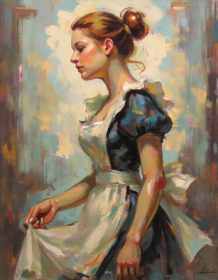 expressive brushstrokes, warm tones, calming background, ssf_4bstr4ct painting of a french maid