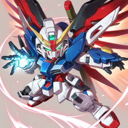 (score_9:0.9),score_8_up,score_7_up,rating_safe,anime_style,(zPDXL),<lora:Destiny Gundam ponyXL v1:0.83>, destiny gundam, glowing, wing down, green eyes, glowing eyes, open hand, science fiction, green beam rifle, weapon, upper body, outstretched hand, glowing hand, chibi, mechanical wings