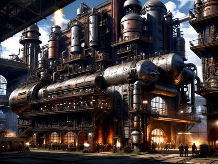 <lora:TechPunkAI:.7> DieselPunkAI  factory  (Highly detailed, amazing retro-futuristic setting), (Shiny Impressive lighting), (Ultra Realistic, High quality, Highly detailed, Sharp focus, 8K UHD, Art photography), (trending on artstation)