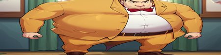 score_9, score_8_up, score_7_up, score_6_up, source_anime, BREAK male focus, solo <lora:p5kobayakawa-pdxl-nvwls-v1-000005:1> p5principal, fat man, obese, bald, yellow jacket, formal, white shirt, red bow tie, belt, yellow pants, brown shoes  <lora:widePutinMemeDora_v10:1> wideputinmeme