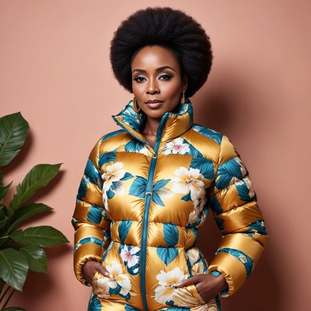 one african 40 year old women wearing aVintage floral prints    downsuit puffer_downsuit , hyperdetailed photography,4k textures,intricate details,4k resolution,  <lora:puffer_downsuit_v1:0.4>