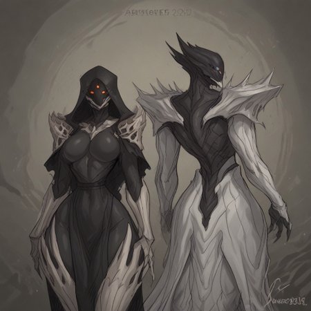score_9, score_8_up, score_7_up, score_6_up, source_anime, detailed, exobelos style, Hive Guardian, guardian, LightHive, HiveHunter, HiveAcolyte, robes, chitinous armor, glowing eyes, three eyes, colored skin, wide hips, large breasts, standing, back at viewer