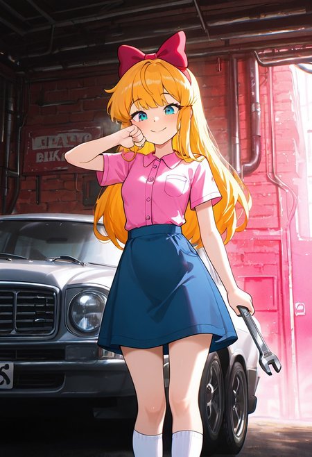 masterpiece, best quality, amazing quality, very aesthetic, absurdres, newest, detailed background, foreground blur, (( cartoon,  )),
elizabafton, 1girl, red bow , hair bow, long hair,  blonde ginger, hair, , short sleeves, bright pink buttoned shirt, blue skirt, small breasts, short skirt, long white socks,
 holding wrench, covered in grease, mechanic's garage, car parts, 
wiping face, smile