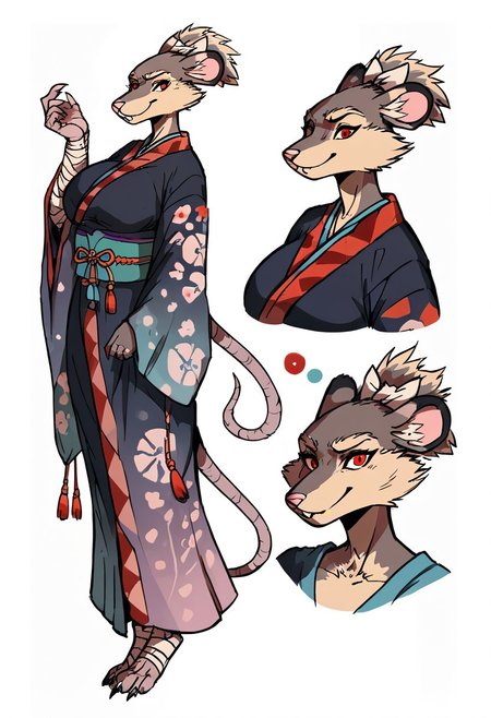 Score_9_up, score_8_up, score_7_up, 1girl, (Fem_splinter), solo, furry female, red eyes, kimono, bandages, huge breasts,  gentle smile, , (realistic), (painted art:1.3), CharacterDesignXL, reference sheet, (full body, from side, front:1.1), upper body, cartoon,