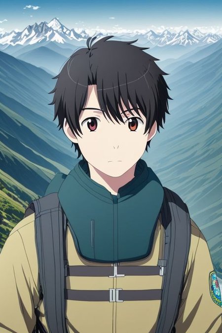 high resolution, solo, best quality, 1Boy, Portrait, Inaho Kaizuka, Black Hair, landscape, upper body, look at the view behind, upper body, high mountain, hiking gear, ,