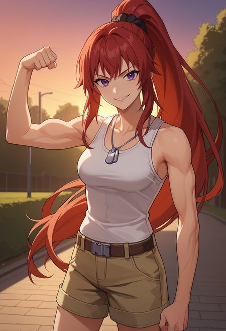 score_9, score_8_up, score_7_up, anime screencap, source_anime, 1girl, solo,
<lora:Mito_Juujou_Seraph_of_the_End_V1:.85>, KJOmito, red hair, purple eyes, long hair, high ponytail, black scrunchie, 
tank top, beige cargo shorts, dog tags, 
standing, looking at viewer, smirk, parted lips, flexing,
outside, park, dusk, sunset,
(Beautiful, medium Breasts:1.2),