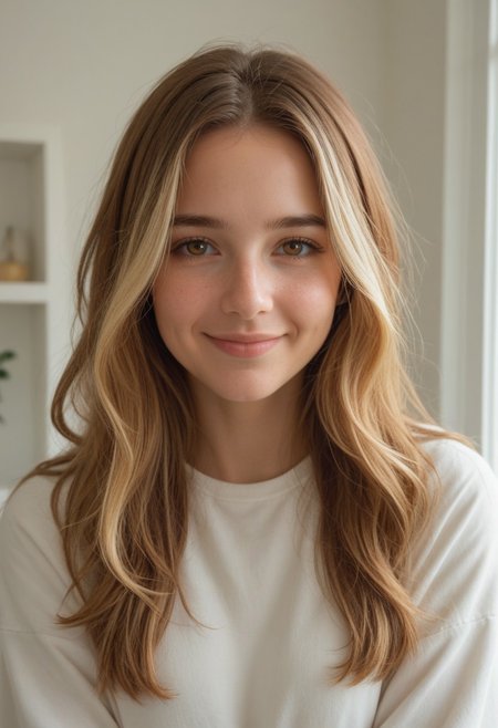 score_9,score_8_up,score_7_up, 1girl, solo, shy expression, shy smile, Golden brown hair, blonde highlights, long hair, (((hair over right side of face, old-burns on right side of face))), young adult, hazel eyes, smart casual clothing, nerdy appearance