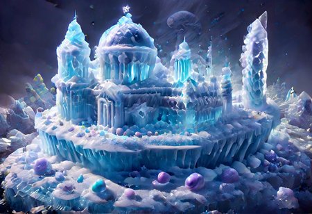 DarkFantasy, ice, ais-icebaby, made of ais-icebaby, dark, chiaroscuro, low-key, ((castle)),  3 towers,towers,  kaiyomuseum,  scenery, water, building, moon ice,  skyscraper, city, city lights, reflection, neon lights, ice_art, ice, matchcraft floating island, sky , star,(((matchcraft floating island))), ((islands floating)),Candy Land