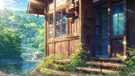 general, tree, no humans, scenery, house, outdoors, fence, grass, power lines, nature, window, day, building, stairs, forest, plant, sunlight, utility pole, sky, bare tree, water, diffraction spikes, lens flare, landscape
 <lora:MakotoShinkai_ANI31_LoKr:1>