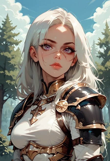 1girl, armor, scar, solo, scar on face, white hair, long hair, hair over one eye, looking at viewer, purple eyes eyes, outdoors, upper body, breastplate, medium breasts, shoulder armor, tree, makeup, lip gloss, day, scar across eye, sky, , cloud, , shoulder plates, pauldrons, breasts, nature, eyelashes, scar on nose, scar on cheek, closed mouth, forest, blue sky, one eye covered
,  <lora:Ri-MIX_A_Illustriousv2-000009:1> rimixa,, looking at viewer,, , score_9, score_8_up, score_8_up,