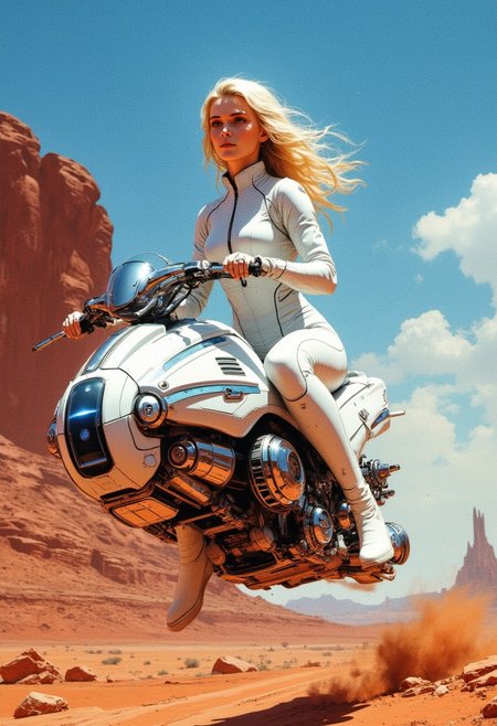 highly detailed and hyper realistic and dynamic. 
Highly detailed and hyper realistic high-quality photograph of a stunning blonde woman with fair skin and a slender physique, dressed in a sleek, futuristic white neoprene bodysuit with subtle blue and chrome accents. She is riding a futuristic hover motorbike, which has no wheels and is flowing elegantly in the air with the power of electromagnetism. The futuristic hovercraft is pure white with chrome elements and has a very futuristic, elegant design.  The backdraft is a desert landscape with red rock formations under a clear blue sky. The lighting is bright and even, highlighting her features and the suit's details. The camera angle is eye-level, emphasizing her poised and confident stance. The overall aesthetic is very high, blending sci-fi elements with realistic textures and colors.