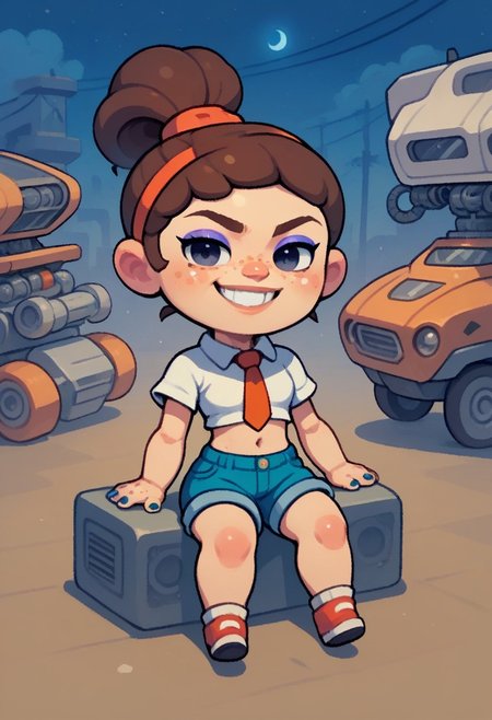score_9, score_8_up, score_7_up, score_6_up, score_5_up, score_4_up,  art by Frank Miller, robot girl, 1girl, pale skin, portrait, solo, upper ponytail, shorts, chibi, Stripknotted shirt, tie-front shirt, navel, hair tie, hair band, freckles, eyeshadow, nails polish, sitting, night, mecha arms, cables, circuits, score_9_up, score_8_up, p, toothy grin