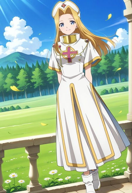 light smile,  hands behind back,
full body, dynamic angle,
BREAK,
<lora:minti_illustriousXL_v04:0.95>
mintbase, blonde hair, long hair, blue eyes, parted bangs, white cap, white headwear, 
white dress, short sleeves, white gloves, priestess, cleric, white robe, gold trim, high collar, 
white footwear, white shoes,, source_anime, very aesthetic, anime coloring, masterpiece, 
best quality, amazing quality, ultra detailed, very aesthetic, 
detailed background, 
BREAK,, forest, flowers, clouds, day, floating leaves,