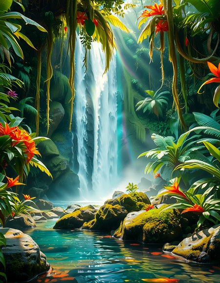 A stunning and tranquil view of a jungle waterfall cascading down smooth, moss-covered rocks into a crystal-clear pool below. The scene is surrounded by dense, lush greenery, with towering tropical trees and vibrant, oversized ferns creating a natural canopy that filters sunlight into dappled patterns on the forest floor. Brightly colored flowers in shades of red, orange, and purple add splashes of color among the greenery, while vines and roots wind their way around the rocks and trees. Mist rises from the base of the waterfall, catching the sunlight and creating a soft, ethereal glow, with a faint rainbow visible in the spray. Exotic birds with iridescent feathers can be seen perched on branches, and the faint sound of distant animal calls adds to the sense of a thriving, untouched paradise. The overall atmosphere is serene, magical, and vibrant, capturing the untamed beauty of nature.<lora:SDXLFaeTastic2400:0.4> <lora:extremely_detailed:0.4> extremely detailed, <lora:Jungle_w4t3rf4ll:1>,Jungle w4t3rf4ll, Masterpiece,best quality,hi res,8k,hi res,8k,award winning,(sharp focus, intricate, highly detailed),