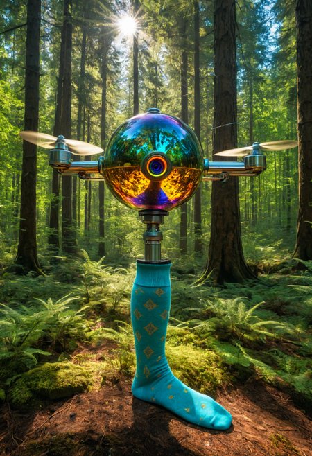 Psychedelic style ((( Vacuum Energy Harvester: Taps into the energy of empty space for near-limitless power. in 33. Sacred Grove of Druids. 2. The Sock Finder Drone, they have shiny chrome elements)))Answer
 (((with exaggerated expressions))) Wearing a Veil of Illusions: Its true, horrifying form is hidden behind a constantly shifting mask of normalcy., Creative Lensball Photography: Place a glass lensball in front of your subject to capture an inverted, crystal-clear reflection of the scene. Hold it close to the camera for a surreal, magnified effect..(dynamic:1.1),sun rays, 
(Vivid, HDR, Canon50, 8K, Hyper Realistic, Dramatic, Epic, Dynamic Contrast, Cinematic Lighting, increased brightness)(((Zoomed Out, Far away Shot))) = =. Epic dynamic lighting , vibrant,highly detailed,psychedelic,((Psychedelic, rainbow glow ))
((Vivid, Epic, Dynamic contrast)) (((Zoomed out, Far away shot, In frame)), (((Cinematic, Studio lighting, Contrast)))
<lora:juggernautXL_version6Rundiffusion:0.8><lora:rundiffusionXL_beta:0.8><lora:epicrealismXL_v5Ultimate:0.8><lora:crystalClearXL_ccxl:1><lora:extremely_detailed:0.8> extremely detailed
 <lora:hyperkraximalism:0.2> hyperkraximalism
<lora:QuadpipeQp_sdxlV2:0.4> 
<lora:xl_more_art-full_v1:0.1>
<lora:RMSDXL_Darkness_Cinema:0.2>
<lora:glowneon_xl_v1:0.4> glowneon, glowing, sparks, lightning, - Generate images with sharp edges and fine details.
- Produce high-resolution images with no blurriness or distortions.
- Create images with clear and well-defined subjects.
- Ensure that the output images have crisp lines and distinct features.
- Generate images with vibrant colors and accurate tones.
- Avoid noise or artifacts in the generated images.
- Focus on producing clear textures and patterns in the images.
- Emphasize clarity and definition in all aspects of the generated images.
- Prioritize the sharpness and clarity of the main subjects in the images.
- Optimize the AI model to produce clear and visually appealing images., Wlop, By art germ . Vibrant colors, swirling patterns, abstract forms, surreal, trippy